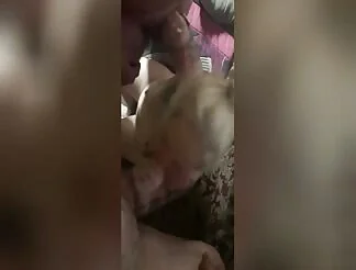Inked blonde covered in cum after sucking two dicks