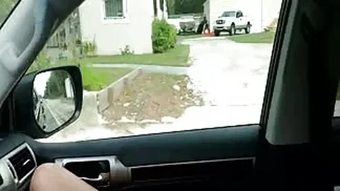 Busty blonde plays with her pussy while he drives
