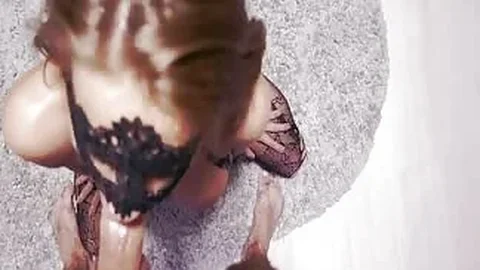Masked hottie sucks dick on her knees