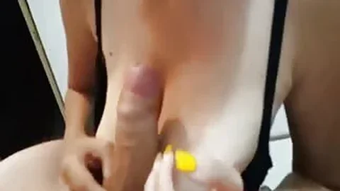 Busty babe fills her mouth with cum