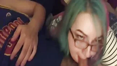 Chubby girlfriend with glasses sucking a fat cock