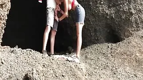 Skinny girlfriend with big tits deepthroats outdoors